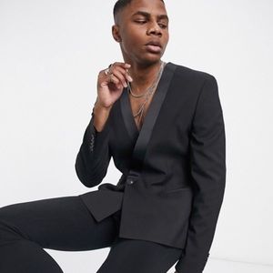 Black Combo Fabric Collarless Blazer